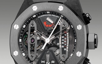 Audemars Piguet, Ref. 26265FO.OO.D002CR.01 A rare and attractive forged carbon, black ceramic and titanium skeletonized tourbillon chronograph wristwatch with center seconds, dynamographe indication, power reserve indication, warranty and presentation...