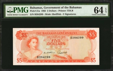 BAHAMAS. Government of the Bahamas. 5 Dollars, 1965. P-21a. PMG Choice Uncirculated 64 EPQ.