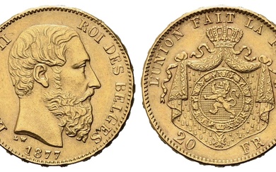 BELGIQUE - Léopold II (1865-1909). 20 francs 1877. Au (21,30 mm - 6,48 g). SPL/FDC...