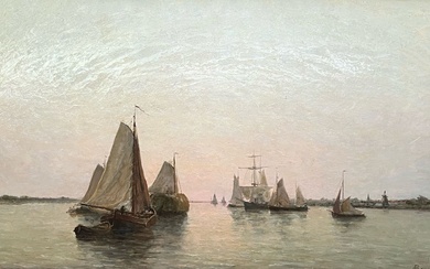 BOUVIER Arthur (1837-1921) Le port de Dordrecht à l'aube (Pays-Bas) Huile sur panneau, signée en...