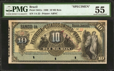 BRAZIL. Republica Dos Estados Unidos Do Brasil. 10 Mil Reis, 1890. P-S641s. Specimen. PMG About Uncirculated 55.