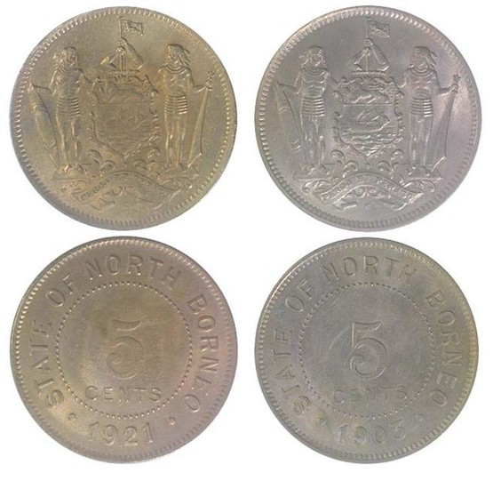BRITISH NORTH BORNEO Cu Ni 5 cents 1903H and 1921 H (KM