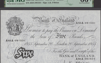 Bank of England, Leslie K. O’Brien, £5, 20 September 1955, serial number...