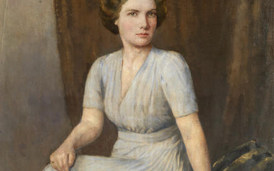 Bertram Priestman (British, 1868-1951) Portrait of a lady, seated, in a blue dress
