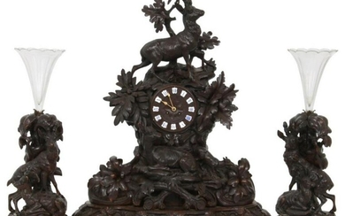 Black Forest Carved Clock Garniture