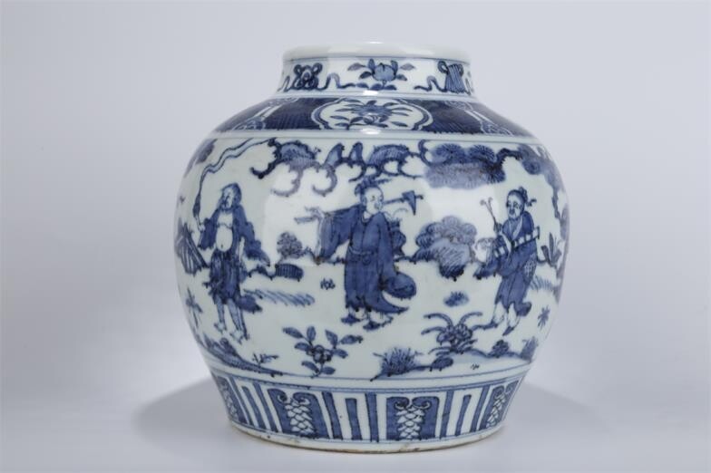 Blue-and-White Porcelain Jar with Eight Immortals Design. Height: 25cm;...