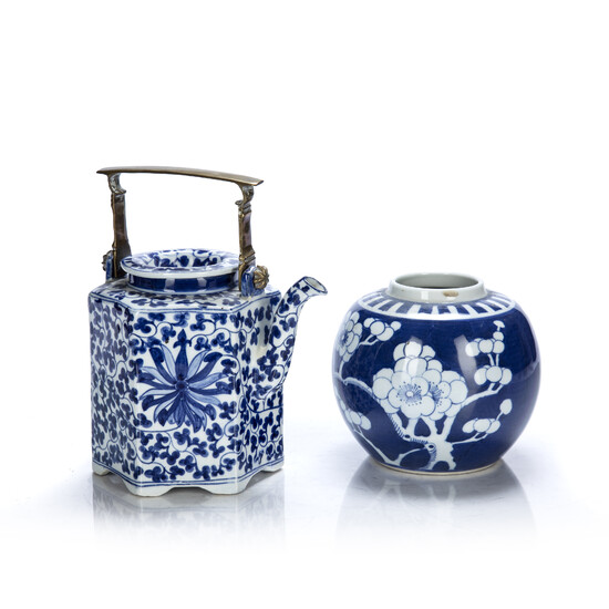Blue and white hexagonal teapot