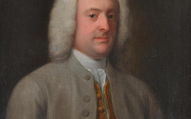 British School (18th century), Portrait of a gentleman wearing a grey jacket and gold embroidered tunic, half length
