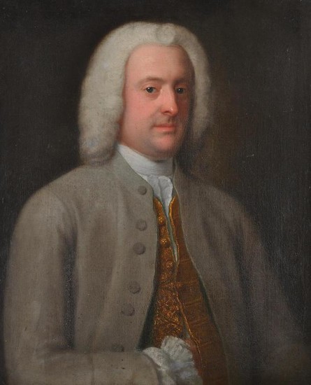 British School (18th century), Portrait of a gentleman wearing a grey jacket and gold embroidered tunic, half length