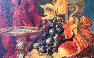 British school (XIX) - Still life with grapes, peaches and a silver Renascentist stand