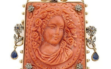 Broche/pendentif en corail sculpté en forme de visage de femme, en or jaune 14K et...