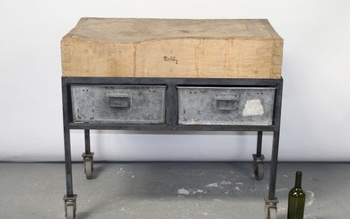 Butcher block table on industrial rolling cart
