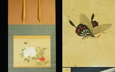 Butterfly bee peony - ca 1850-1900s (Late Edo / Early Meiji) - Tomonobu 友信 - Japan - Late Edo period (No Reserve Price)