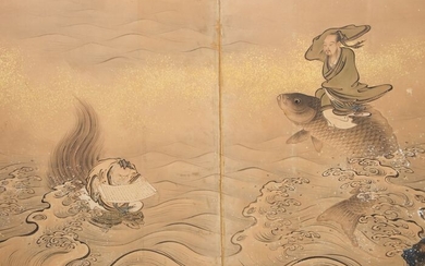 Byobu - Rice paper - Nicely detailed tinted painting (roomdivider) of two immortals on sprinkled gold- Japan - Late Edo period
