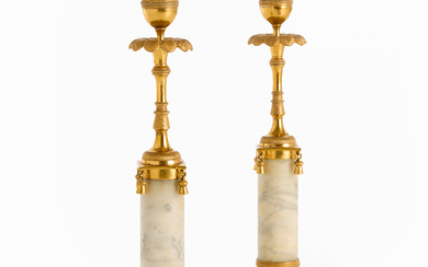 CANDLESTICKS, 1 pair, late Gustavian, columnar, marble and gilt brass.