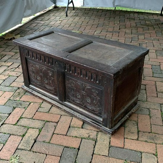 CARVED OAK PILGRIM'S CHEST of SMALL SIZE