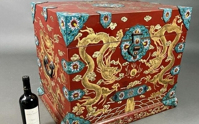 CHINESE RED LACQUER TRUNK WITH GILT DRAGON DECORATION &