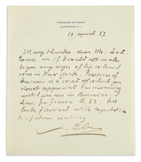 CLAUDEL, PAUL. Two Autograph Letters Signed, "Claudel," to "Dear Mr. Leach." The first,...