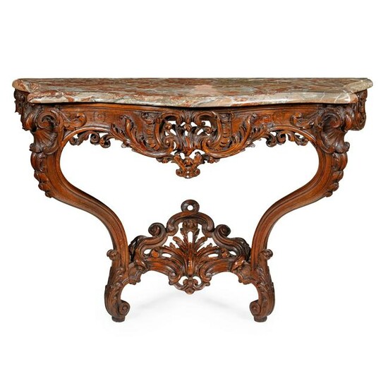 CONTINENTAL MARBLE TOPPED CARVED WALNUT CONSOLE TABLE