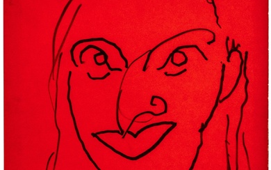 Calder, Alexandre. Dessin de portrait (Margaret Raspé). Au feutre noir sur la quatrième de couverture...