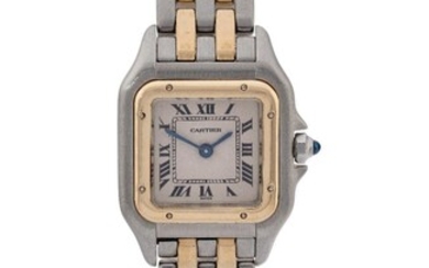 Cartier. A lady's stainless steel and gold bracelet watch with box , Panthère, Ref : 1121, c.1990 Cream dial with black Roman numerals, secret signature at 10, black inner minute track, blued steel sword hands. brushed and polished rectangular case...
