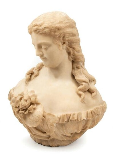 Carved Marble Bust of Woman with Water Lily