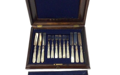 Cased set of Victorian silver, mother of pearl handled fruit knives and forks