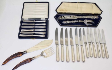 Cased set of six George V silver handled butter knives, cased pair of silver plated fish servers, etc