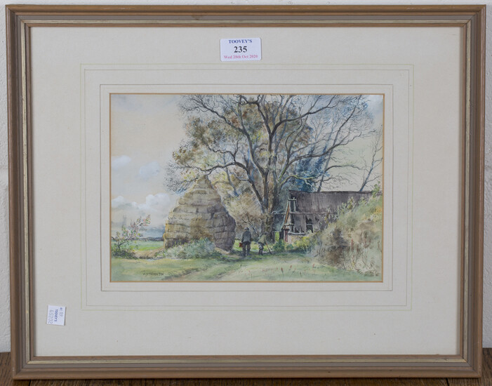 Cecil J. Thornton - Two Figures beside a Haystack and Derelict Barn, watercolour and pencil, signed