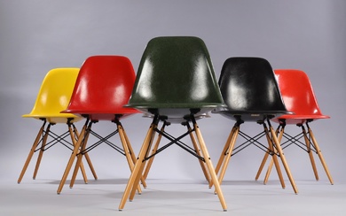 Charles Eames. Set of six shell chairs, multicolor, model DSW. (6)