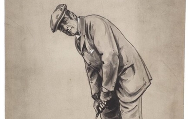 Charles Napier Ambrose, British 1876-1946- Hughes KC; brush and black ink and wash heightened with white on grey coloured paper, signed, 29 x 22.5 cm: together with three other drawings/original artworks for illustration of golfers and golfing...