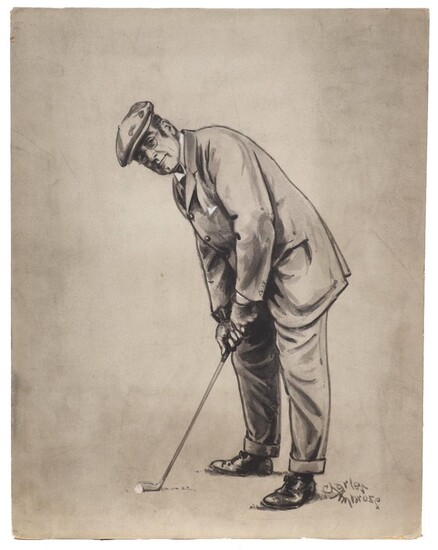 Charles Napier Ambrose, British 1876-1946- Hughes KC; brush and black ink and wash heightened with white on grey coloured paper, signed, 29 x 22.5 cm: together with three other drawings/original artworks for illustration of golfers and golfing...