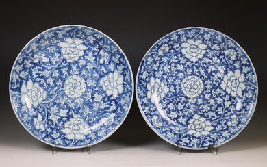 China, pair of blue and white porcelain dishes, 19th century