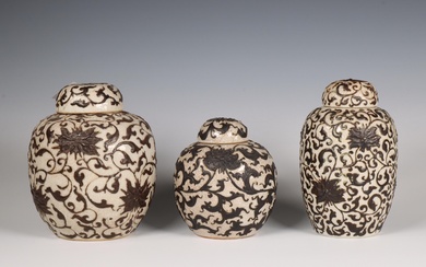 China, three crackle-glazed 'lotus' ginger jars and covers, 19th century