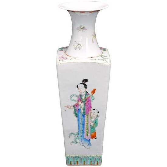 Chinese Early 20th C Polychrome Square Vase