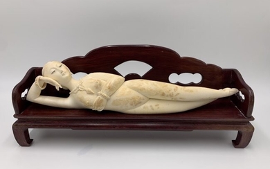 Chinese Hand Carved Sculpture Nude Reclining Woman on Wooden Base 15"