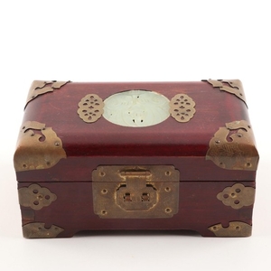 Chinese Jadeite, Brass, and Mahogany Jewelry Box