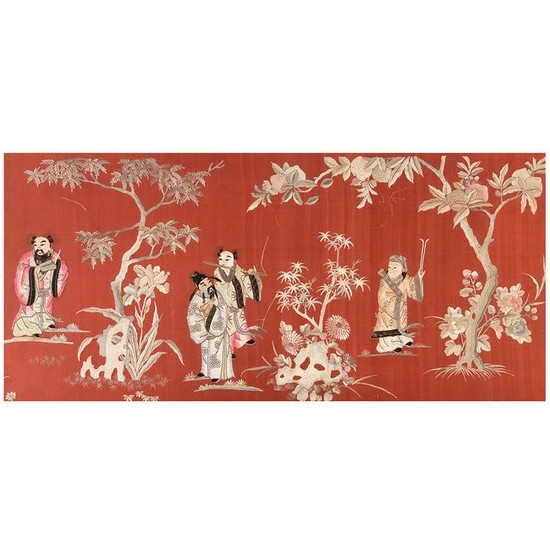 Chinese Red Ground Embroidered Silk Panel