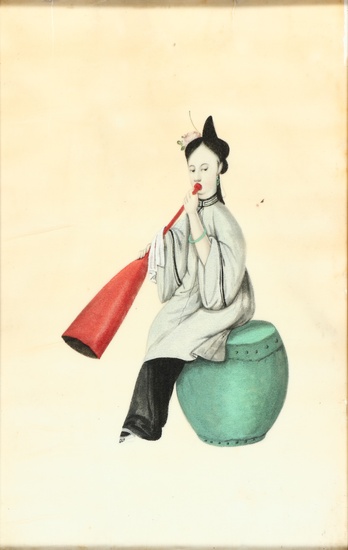 [Chinese export watercolours]. (Lady seated on a drum,...