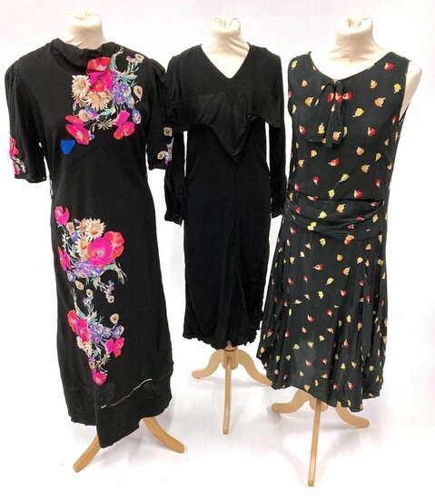 Circa 1920/30s Evening Dresses, comprising a black silk sleeveless dress...
