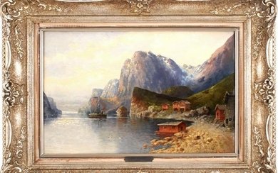 Coastal view with steamboat in the bay, panel 31.5x48