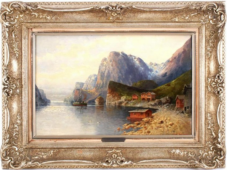 Coastal view with steamboat in the bay, panel 31.5x48