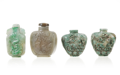 Collection de 4 flacons à priser en pierre dure, Chine, décor de créatures: 2 ornés de phœnix et chauves-souris, 1 orné de dragon, cha