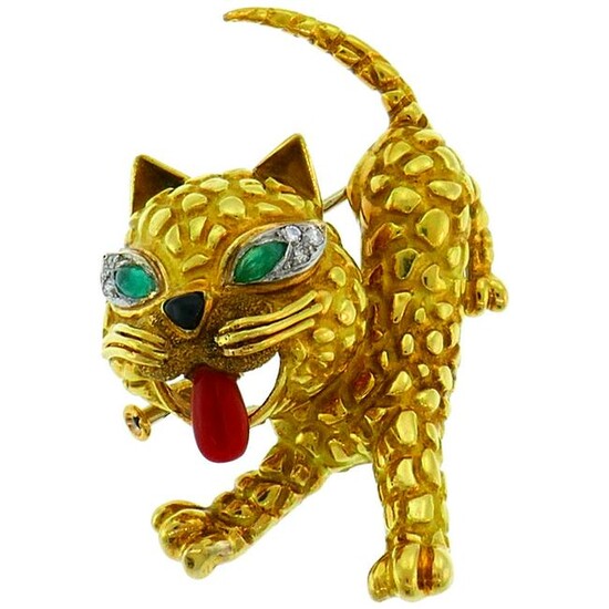 Coral Emerald Diamond Yellow Gold Cat Pin Brooch Clip
