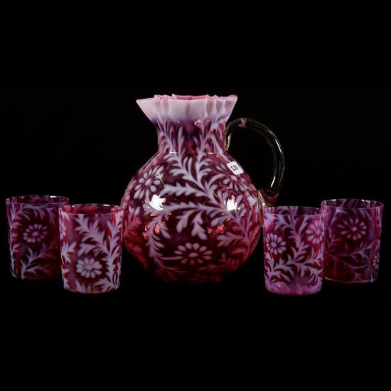 Cranberry Opalescent Art Glass Water Set