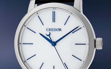 Credor, A beautiful and sublime platinum wristwatch with porcelain dial, hang tags and presentation box