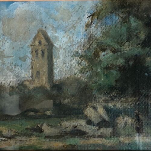DERTELLE André (XX) The church of Luzarches, oil on canvas...