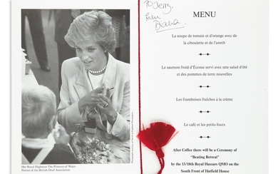 DIANA; PRINCESS OF WALES. Menu for the benefit dinner held by the British...