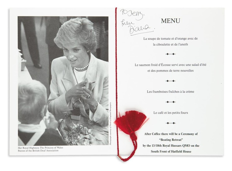DIANA; PRINCESS OF WALES. Menu for the benefit dinner held by the British...