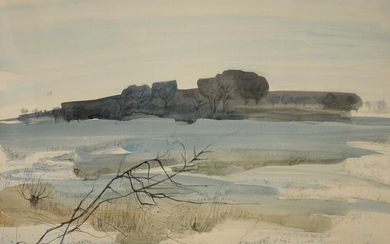 Danièle Fuschs (1931-2013). Lake landscape. Watercolor on paper signed lower right. 66x48 cm at sight. Framed, under glass : 85x66,5 cm